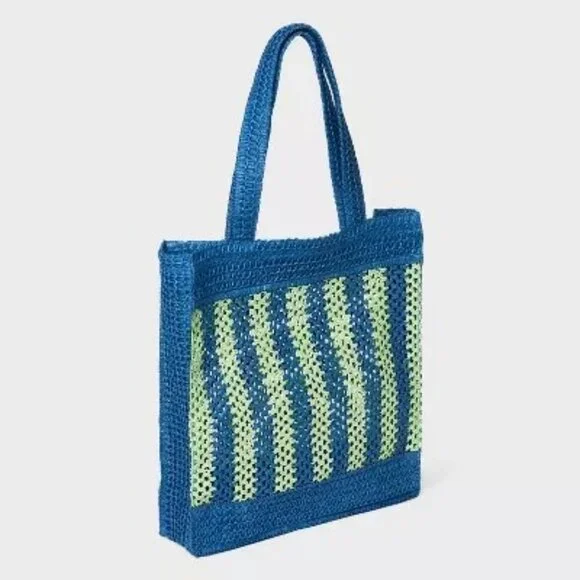 Universal Thread Crochet Woven Handbag Blue Green Tote Single Compartment - Picture 3 of 9